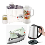 Set of kitchen appliances including a juicer, blender, iron, and kettle on a white background.