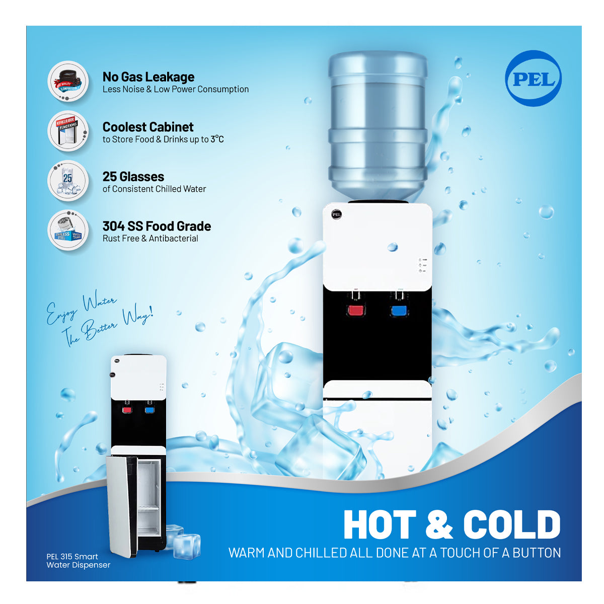 A white Pel water dispenser with a touch button, featuring a cool cabinet that can store food and drinks, and a hot and cold indication symbol. It is advertised as having 304 SS food grade, no gas leakage, and a 3.