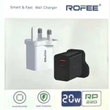 Rofee RP-220 Smart & Fast Dual Port USB- A & C 20W Wall Charger W/O Cable 3 Pin Black