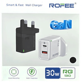 Rofee RG-130 Smart & Fast Dual Port USB-A&C 30W Wall GaN Charger Without Cable 3 Pin
