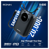 A black Ronin Zapster power bank with a digital charging indicator and multiple charging ports, displayed with promotional text highlighting its capacity and fast charging features.