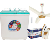 SG 1202 Twin Tub Washer & Dryer Machine Crystal Lid - 12 KG + SG AC/DC Executive Ceiling Fan 60W- 56" + SG Deluxe Automatic Iron