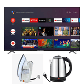 UNI-SMART 32 Inch Smart LED TV Bezel Less - Black + Premium Electric Kettle + Premium Iron