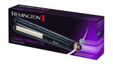 Packaging box of Remington ceramic straightener, model S3500, with a straightening plate of 25mm, displayed against a purple background.