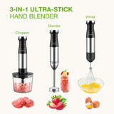 3-in-1 Immersion Blender with Heavy Duty Copper Motor, Titanium Steel Blades, Comfy Grip Handle, with Whisk, Chopper-Grinder Bowl and Beaker