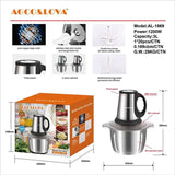 AGCO and LOVA Imported Stainless Steel Electric Kitchen Meat Grinder, Chopper + Food Processor Machine With Handle -AL-1969