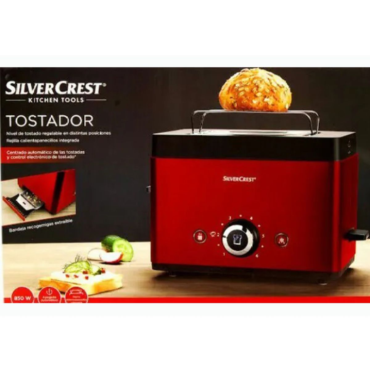 Silver Crest multifunction bread toaster in red color with a loaf of bread on the top, and a basket of food with the brand name around it.