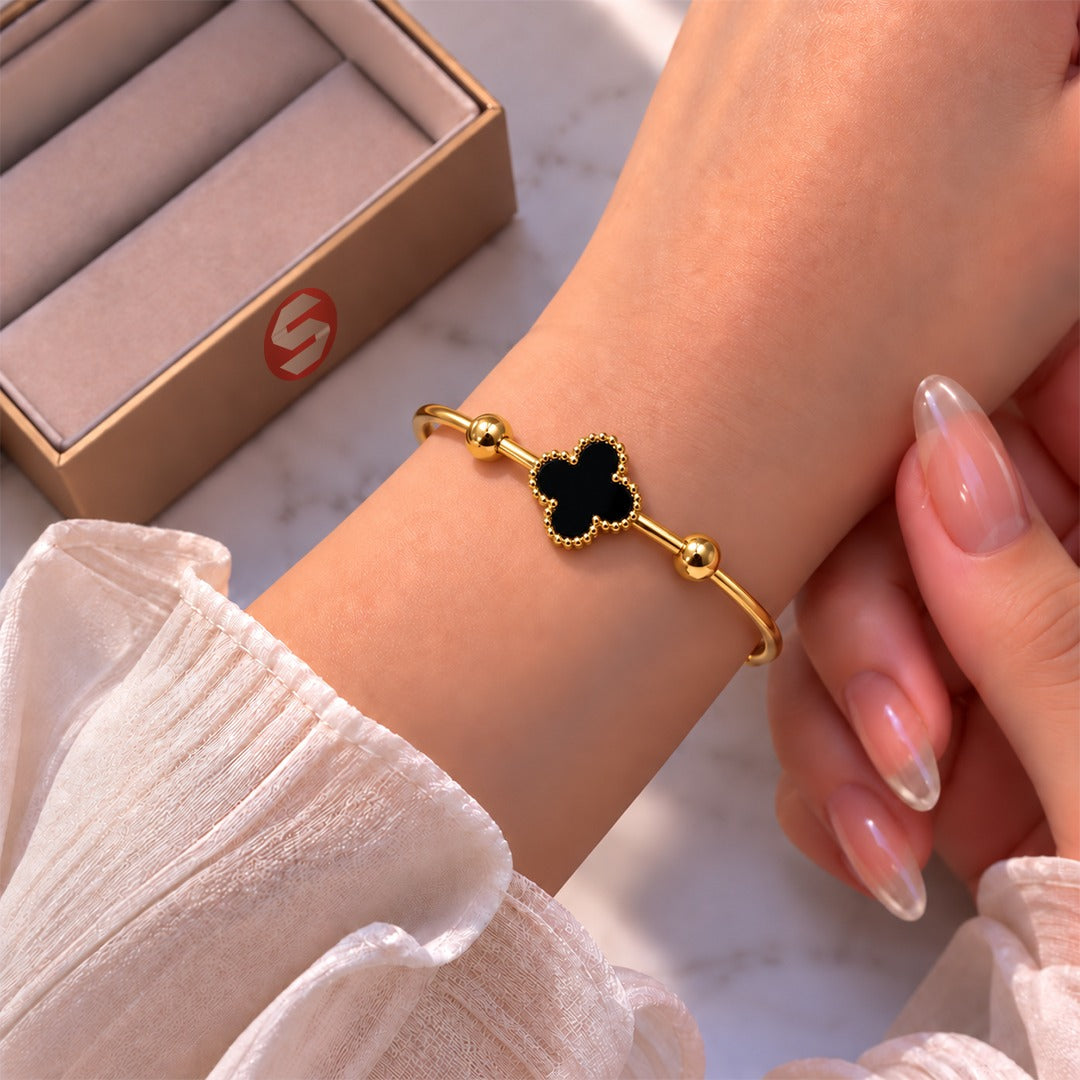 Onyx Clover Gold Bead Cuff Bracelet