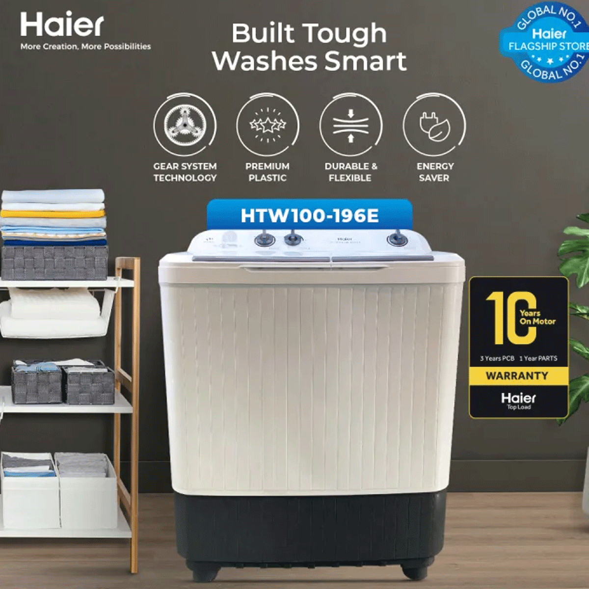 Haier HTW-100-196E 10 KG Semi Auto Washing Machine