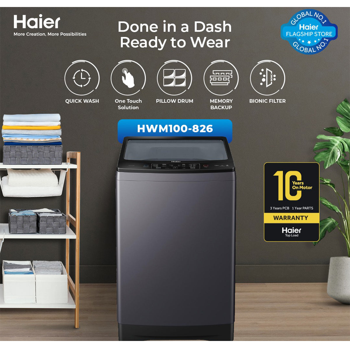 Haier HWM 100-826S6 10kg  Quick Wash Series Fully Automatic Top Loading Washing Machine