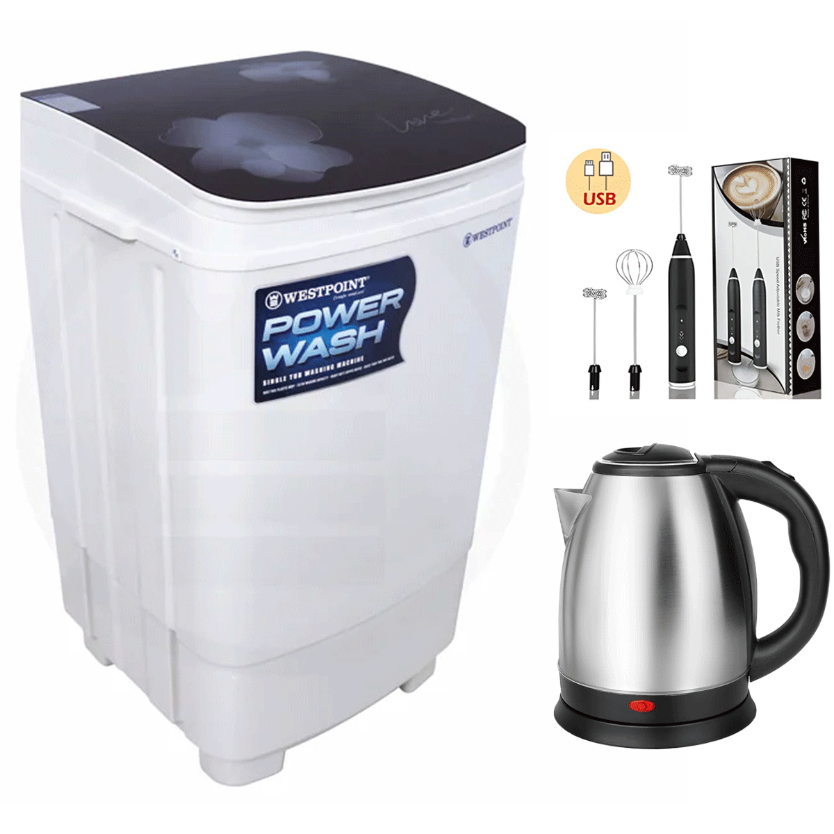 WestPoint Single Tub Washing Machine Glass Top 10KG – Model WF-1018 + Coffee Beater + Premium Electric Kettle
