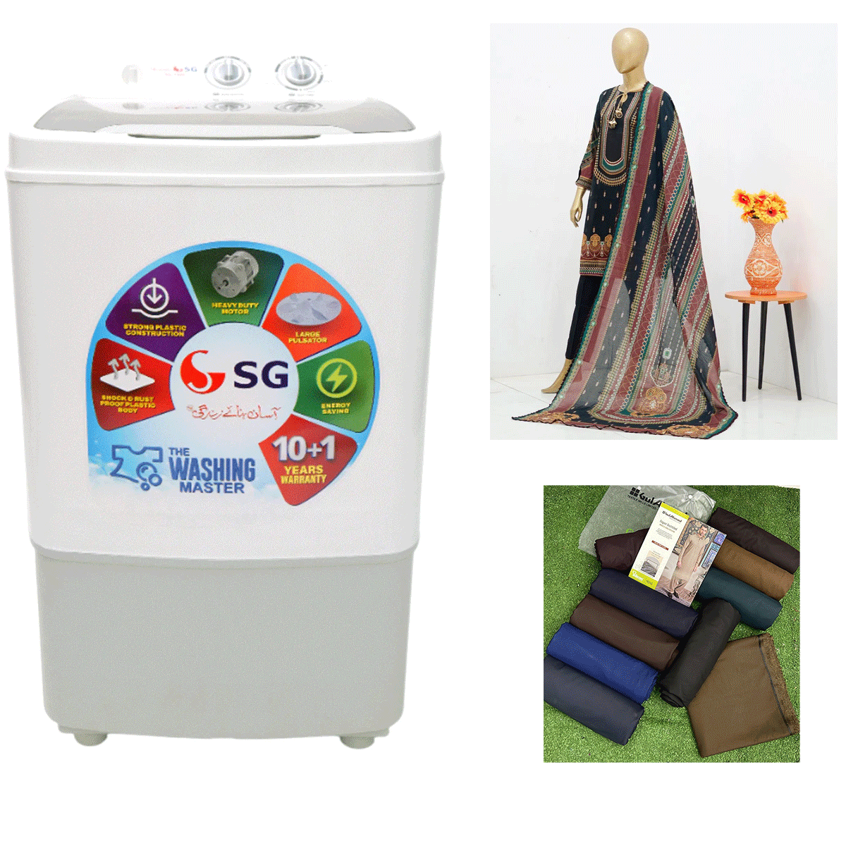 SG-1101 Single Tub Washing Machine - 11KG + Any Random Ladies Unstitched Suit + Any Random Gents Unstitched Suit