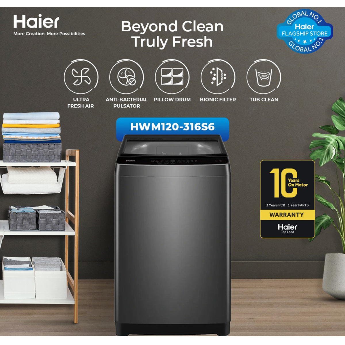 Haier HWM 120-316 12kg - Ultra Fresh Air Series - Fully Automatic - Top Loading Washing Machine