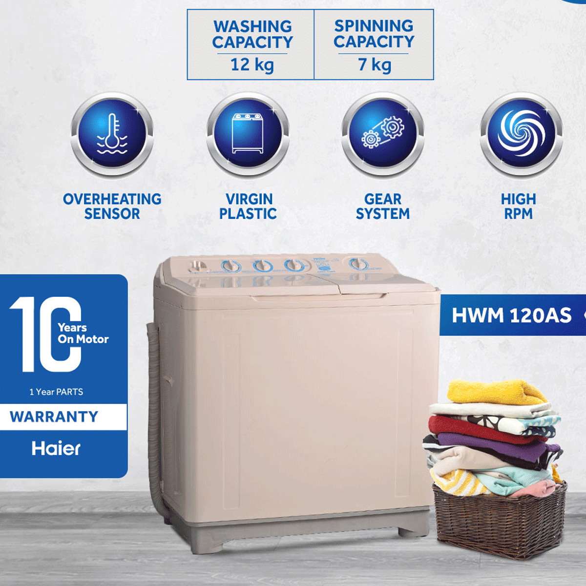 Haier Washing Machine | Model HWM- 120-AS | Capacity 12 KG Jumbo Size | Semi Automatic Washing Machine