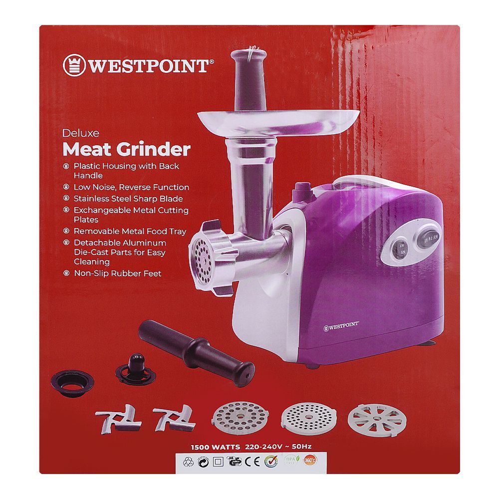 WestPoint Deluxe Meat Grinder With Stainless Steel Sharp Blade & Exchangeable Metal Cutting Plates, 1500W, WF-1036