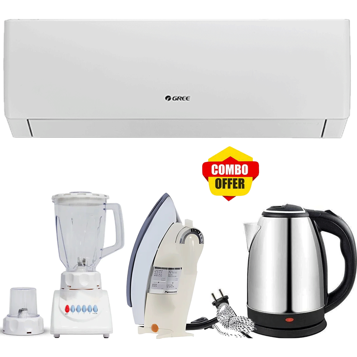 Gree 1 Ton Inverter AC Heat and Cool- Latest Model - GS-12PITH11W - Pular Series + Free 2 in 1 Blender Grinder + Electric Kettle + Heavy Weight Iron