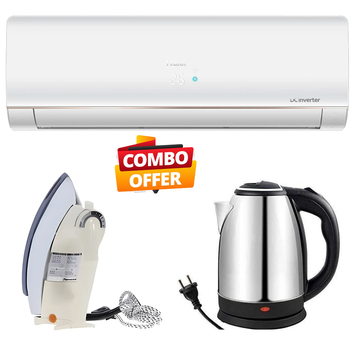 Haier AC 1 Ton DC Inverter Split | Model AC HSU -13LF UPS Enabled Self Cleaning 67 % Energy Saving Turbo Cooling + Free Electric Kettle + Free Heavy Weight Iron