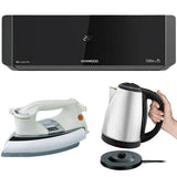 Kenwood microwave, iron, and electric kettle on a white background