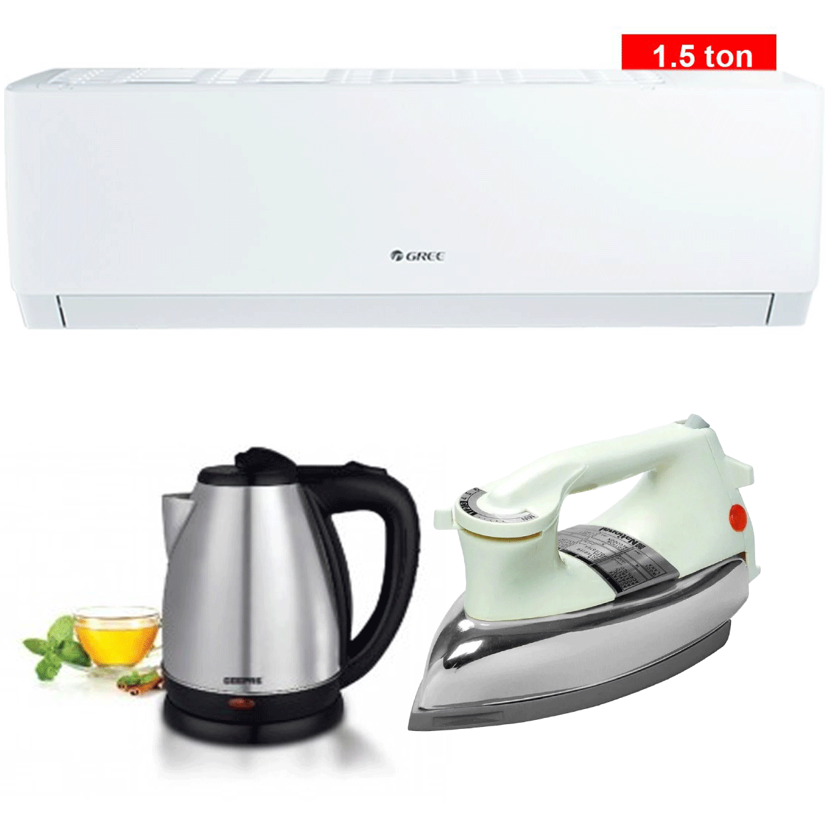 Gree Split AC 1.5 Ton Inverter GS-18PITH11W - Pular Series (Heat and Cool)  + Premium Electric Kettle + Premium Iron