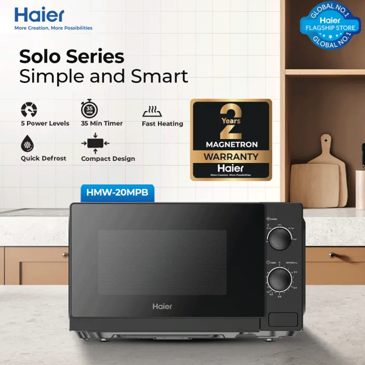 Haier 20L Solo Series HMW-20MPB/MPS (Mechanical Rotary Controls +5 Power Levels + Speed and Weight Defrost ) Microwave Oven