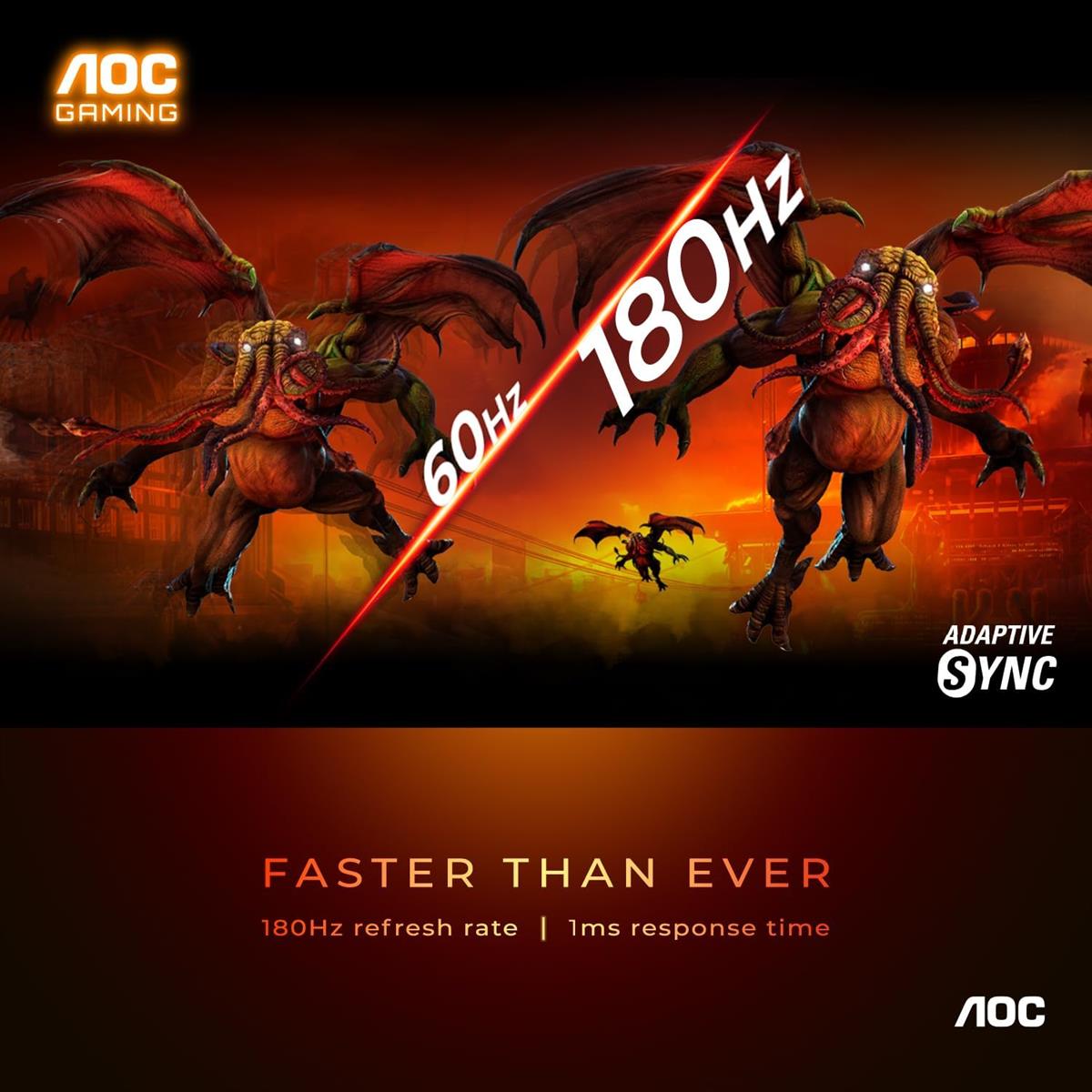 AOC 3-SIDED FRAMELESS GAMING LED 24" 24G15N (1ms (MPRT), 180Hz, VA Panel, FHD (1920x1080), 6 GAME Mode, Adaptive Sync, Low Input Lag, sRGB, HDR 10, Audio Output, Flicker free, (Adjustments: Swivel & Tilt), (Display port & HDMI Input) & Vesa Mount).