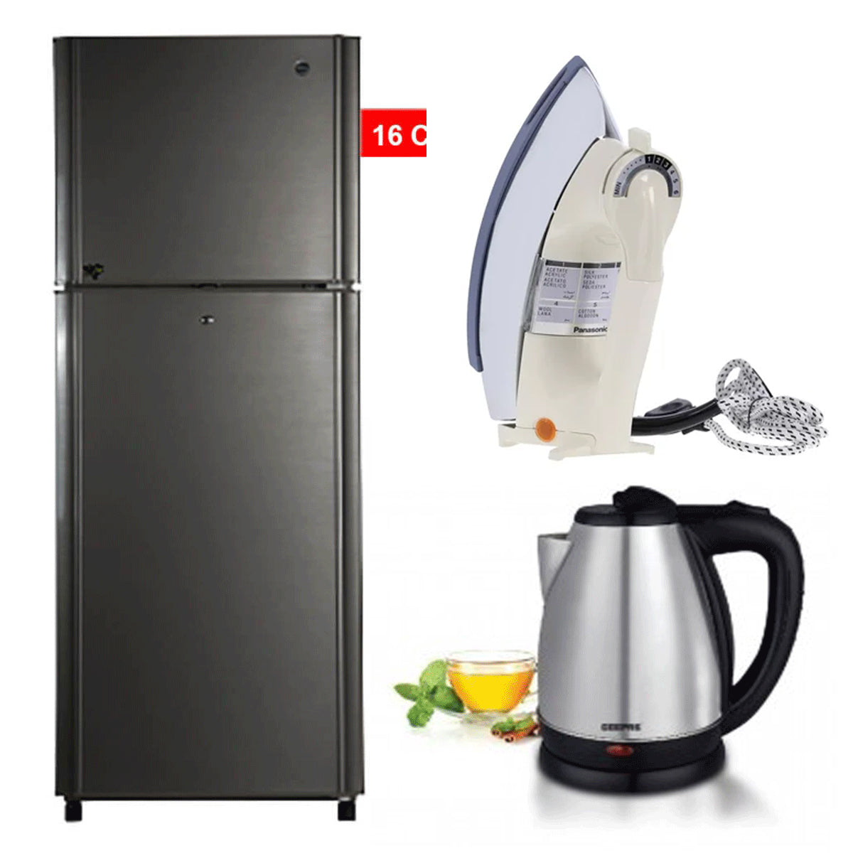 Pel 16 CFT PRL 22260 Refrigerator + Premium Electric Kettle + Premium Iron