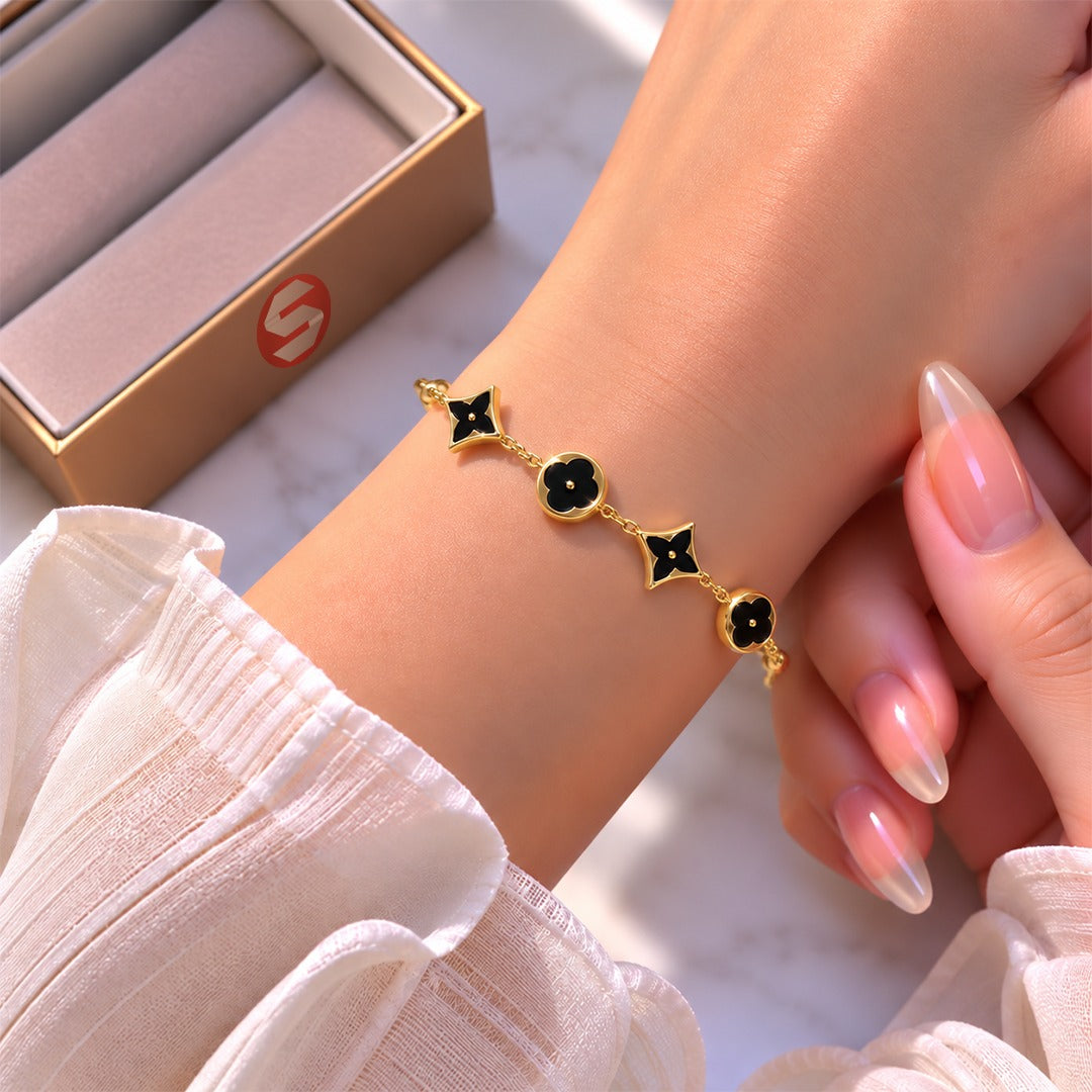 Geometric Black Floral & Star Motif Chain Bracelet
