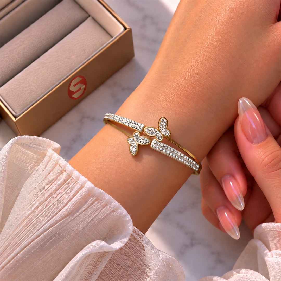 Open-Cuff Crystal-Studded Butterfly Gold  Bracelet⭐ for Women – Elegant Designer-Inspired Wristwear