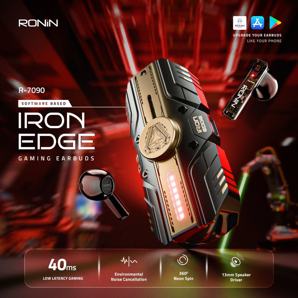RONIN Iron Edge gaming earbuds with red and black design on a dark background