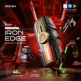 RONIN Iron Edge gaming earbuds with red and black design on a dark background