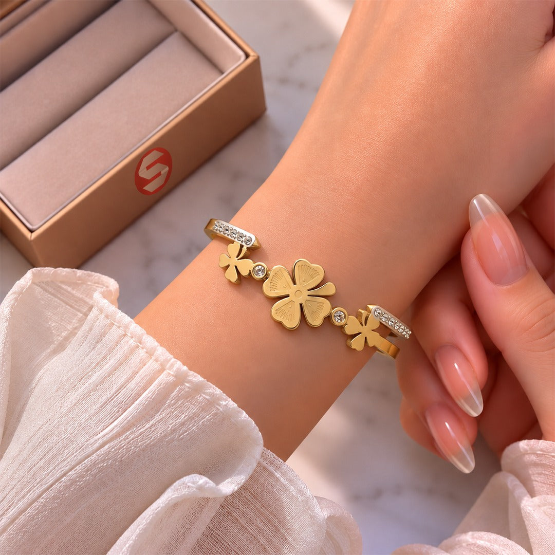 Elegant Floral Lucky Charm Gold Cuff Bracelet ⭐ for Women – Elegant Designer-Inspired Wristwear