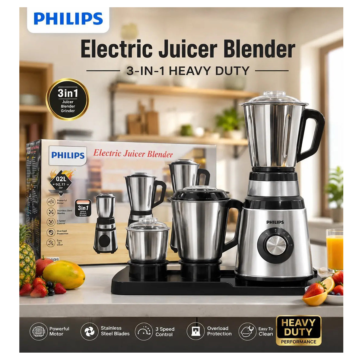 Philips Electric Juicer Blender 3-In-1 Heavy Duty Stainless Steel Grinder Machine (Local Pakistani Made)