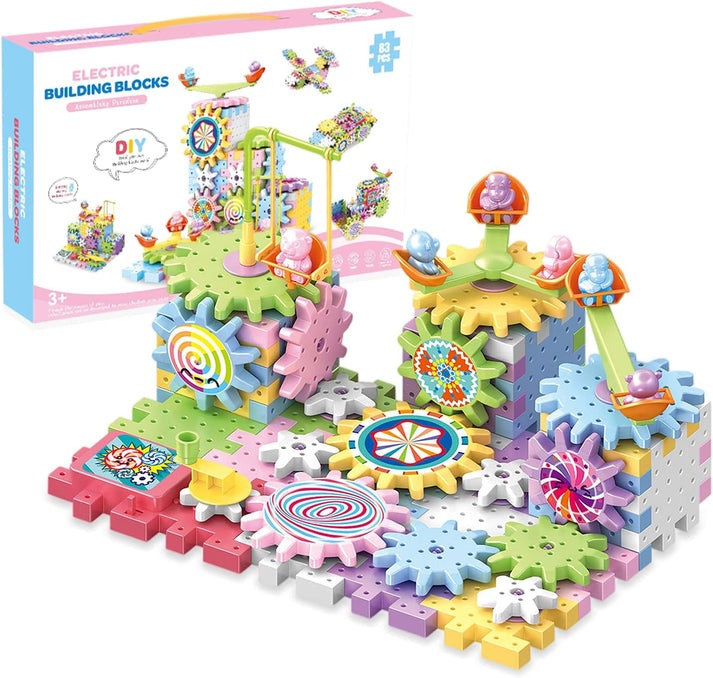 Electric Building Block Gear Toy Set DIY Plastic Brick Toys Colourful Building Block Large Particle Electric Gear Rotating Assembly Block Children Early Education Puzzle Fun Learning Blocks Gifts for Birthday