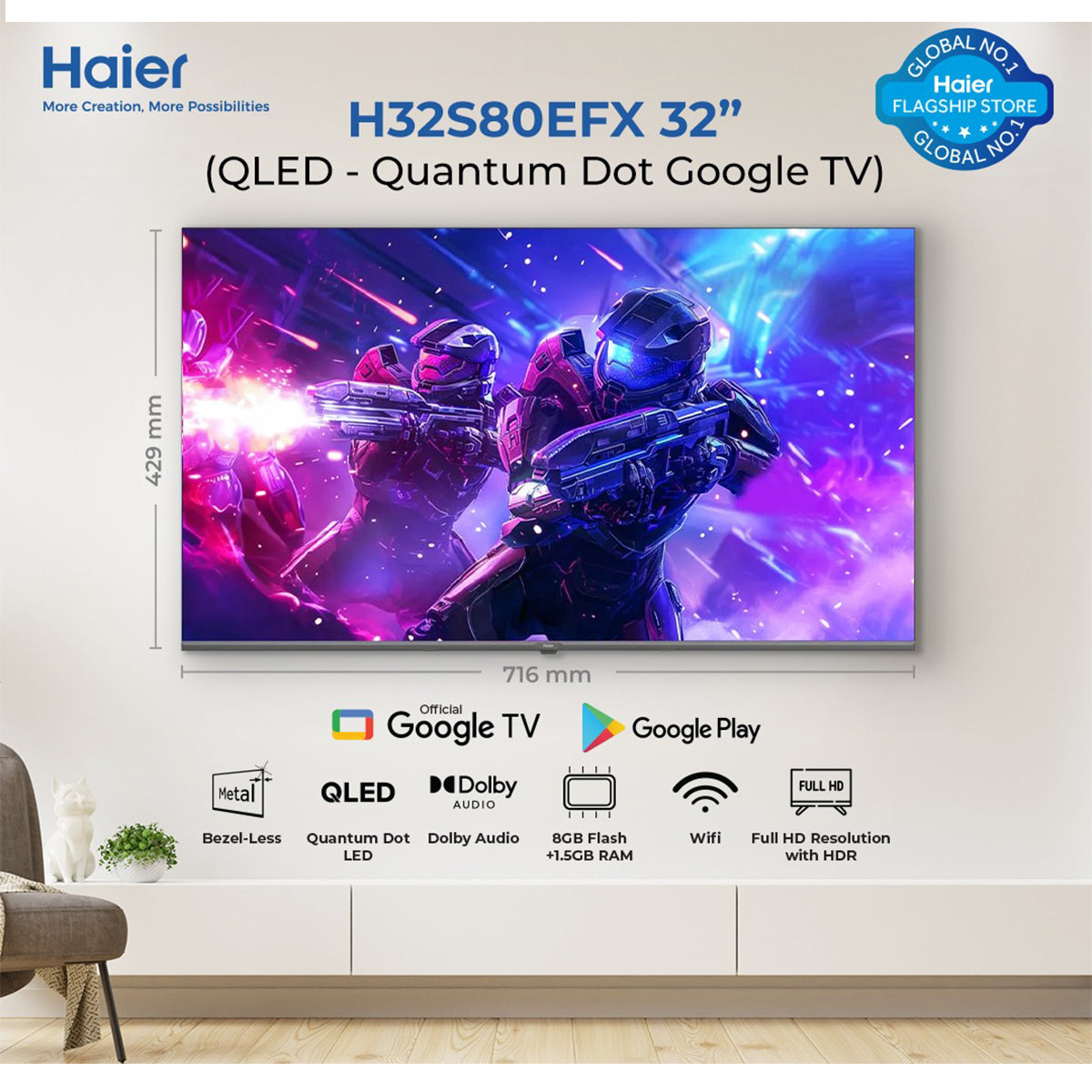 Haier 32" Full HD Google TV QLED - S80Series - H32S80EFX ( HDR, Bezel Less, QLED, Dolby Audio)