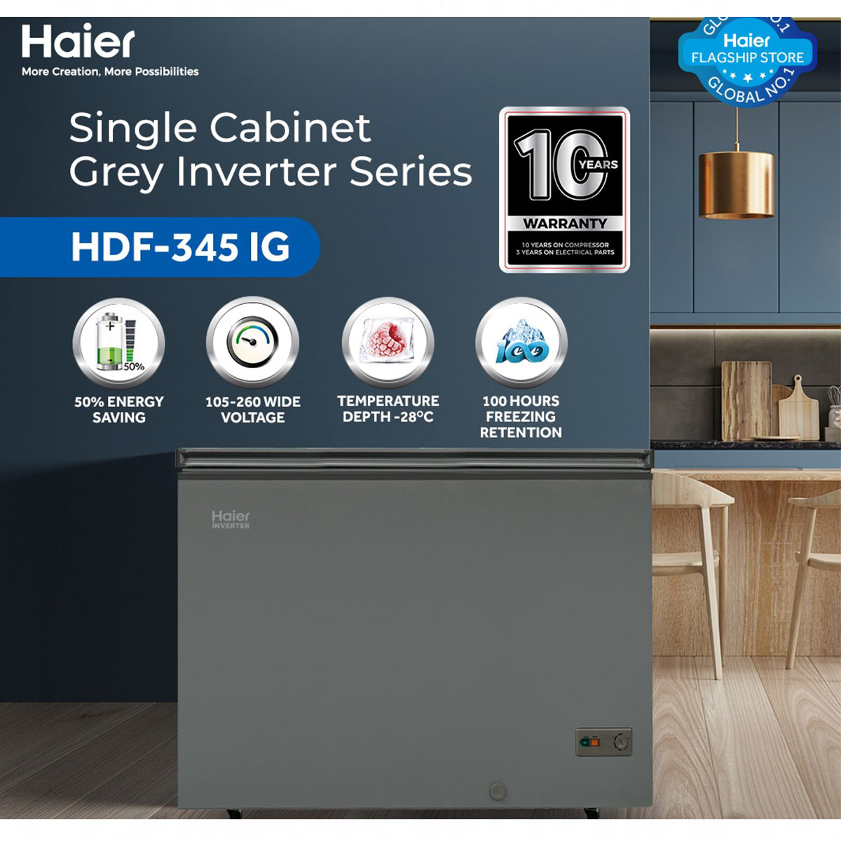 Haier HDF-345 IG - Inverter - Single Door Series - ( Inverter + Balanced Cooling + Super Freeze Function + Ref & DF Adjustable )  12.9 Cu Ft