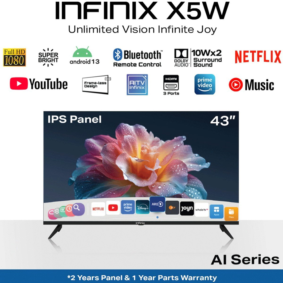 Infinix X5W 43″ FHD LED Smart TV – Frameless Metal Design, Whale OS (Android-Based), Dolby Audio, 88% NTSC, Voice Remote with ChatGPT & Alexa