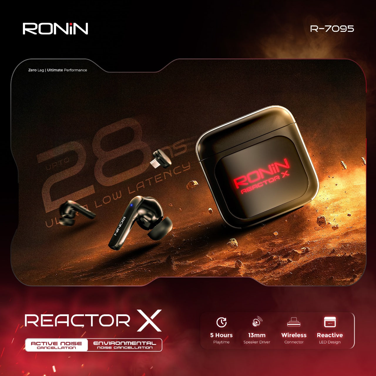 Ronin Reactor X wireless earbuds with charging case on a dark background