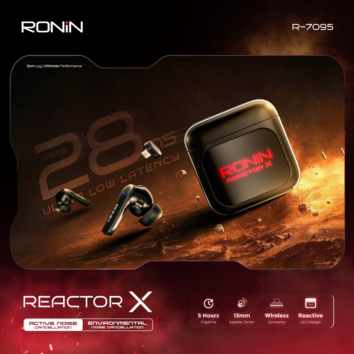 Ronin Reactor X wireless earbuds with charging case on a dark background