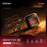 Ronin Reactor X wireless earbuds with charging case on a dark background