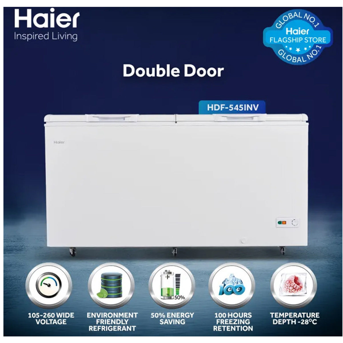 HAIER HDF-545I Inverter Deep Freezer - (19 Cubic Feet) -Double Door - Jumbo Full Freezer