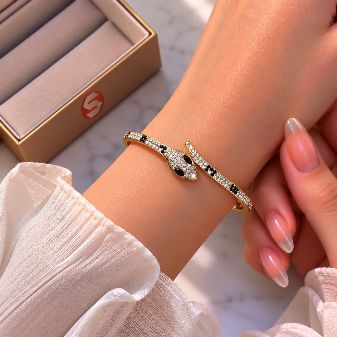 Designer-Style Crystal-Studded Snake Cuff Bracelet ⭐ for Women – Elegant Designer-Inspired Wristwear