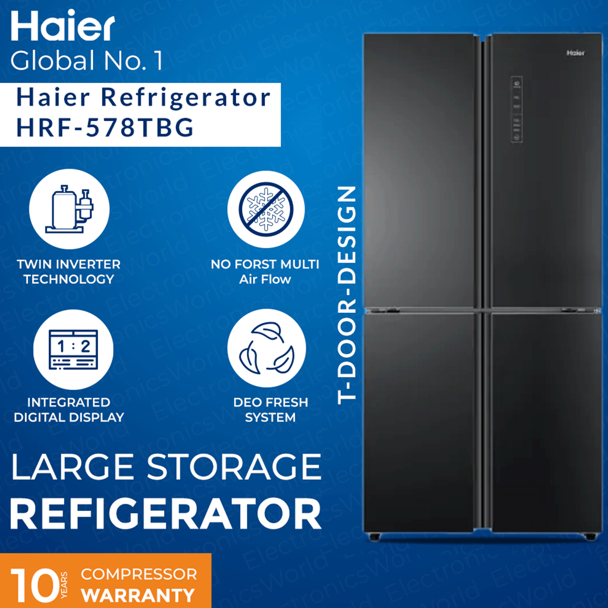 Haier Refrigerator - HRF-578 TBG(Glass Door)T-DOOR-DESIGN- Twin Inverter Technology-(20 Cubic Feet)-HCS Freshness Technology-No Frost Multi Air flow
