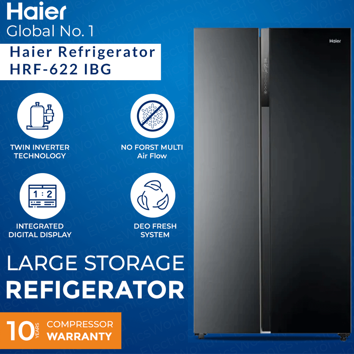 Haier Refrigerator| Model HRF-622 IBG (GLASS DOOR) Side by Side | Size 22 Cubic Feet | NO-FROST MULTI AIR FLOW | Twin Inverter Technology| HCS Freshness Technology