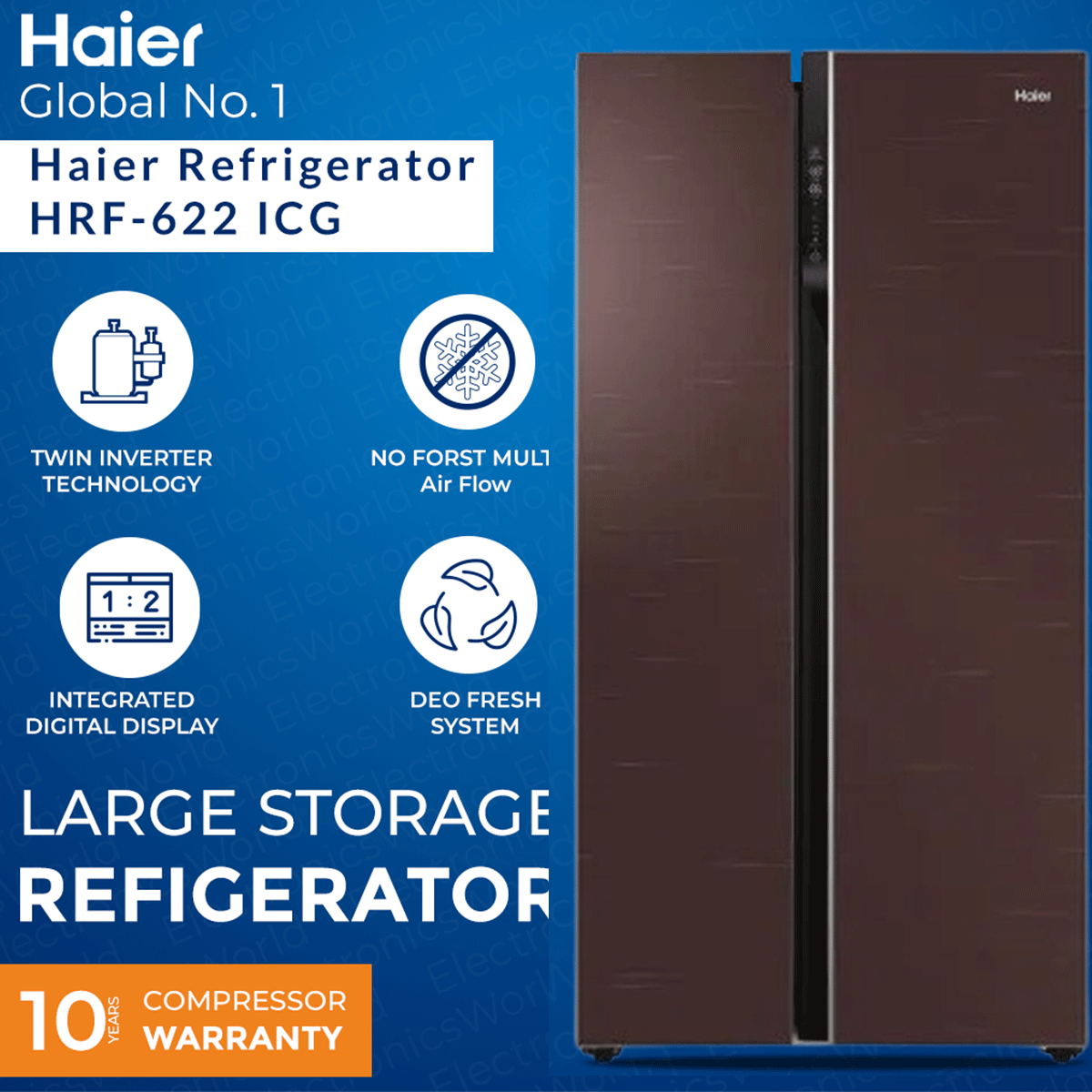 Haier Refrigerator - Model HRF-622 ICG (Glass Door) Side by Side | No Frost Multi Air flow | Twin Inverter Technology | 22 Cubic Feet