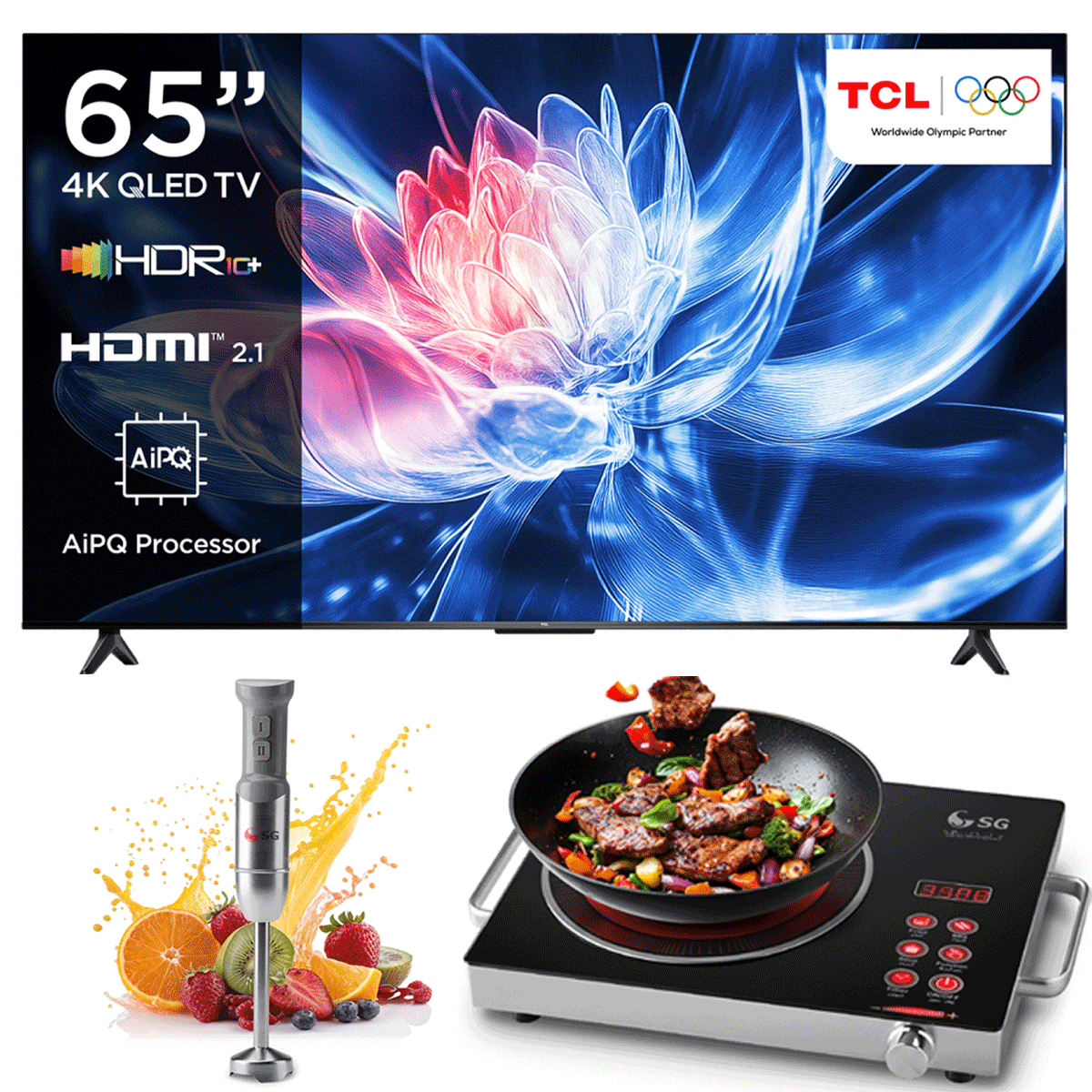TCL 65T6C QLED TV 65 Inches Model 2025 + SG Professional Infrared Cooker 8019 + SG Hand Blender