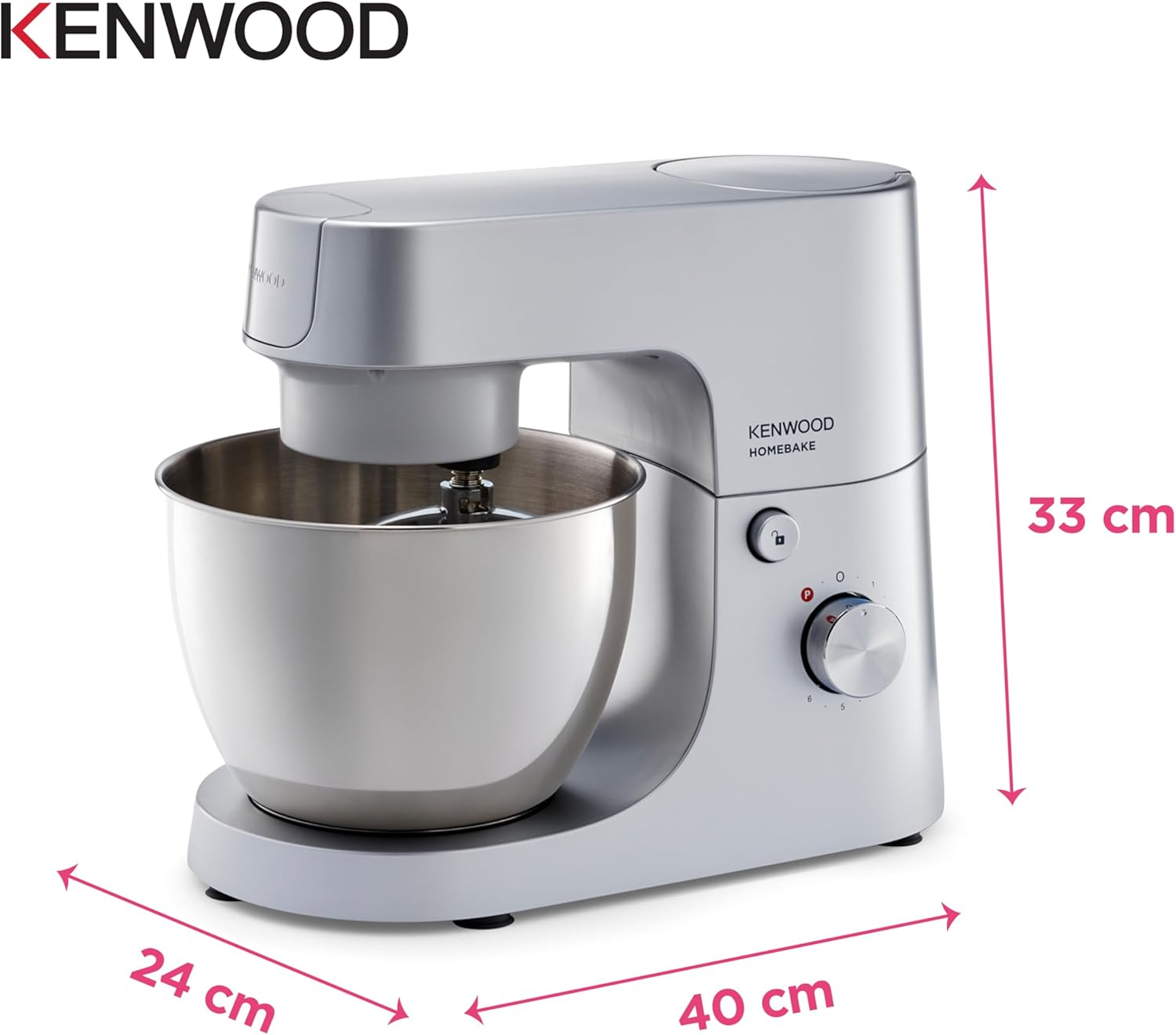 KENWOOD Stand Mixer Kitchen Machine HOMEBAKE 1400W with 5.0L Stainless Steel Bowl, K-Beater, Whisk, Dough Hook, KHH01.000SI Silver
