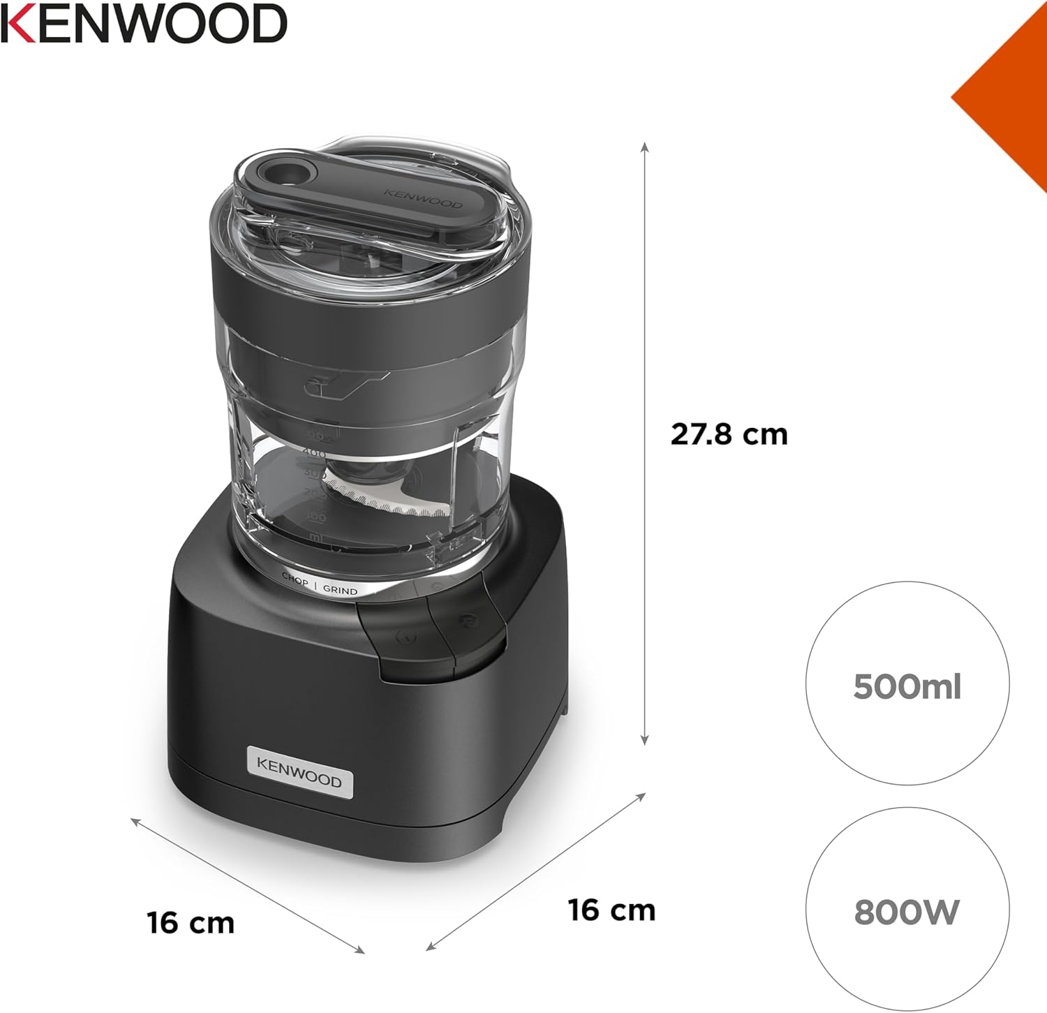 Kenwood Duo Prep CHP80.000BK, Food Chopper and Grinder 2-in-1 with Serrated Quadblades, High Speed Compact Grinder, Non Slip Base, Dishwasher Safe, 800W