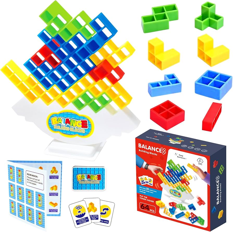 Tetris-Style Balance Building Blocks Game with 22 Challenge Cards for Kids & Family (Ages 3+)