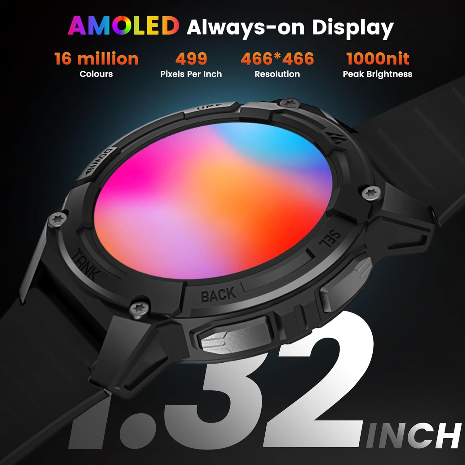 KOSPET Tank S2 Smart Watch for Men Women GPS, 5ATM Waterproof, Pressure/Altitude/Compass, 1.32" AMOLED Display Fitness Tracker(Answer/Make Call), AI Voice Assistant, 24H Sleep/Hear Rate Monitor - Black