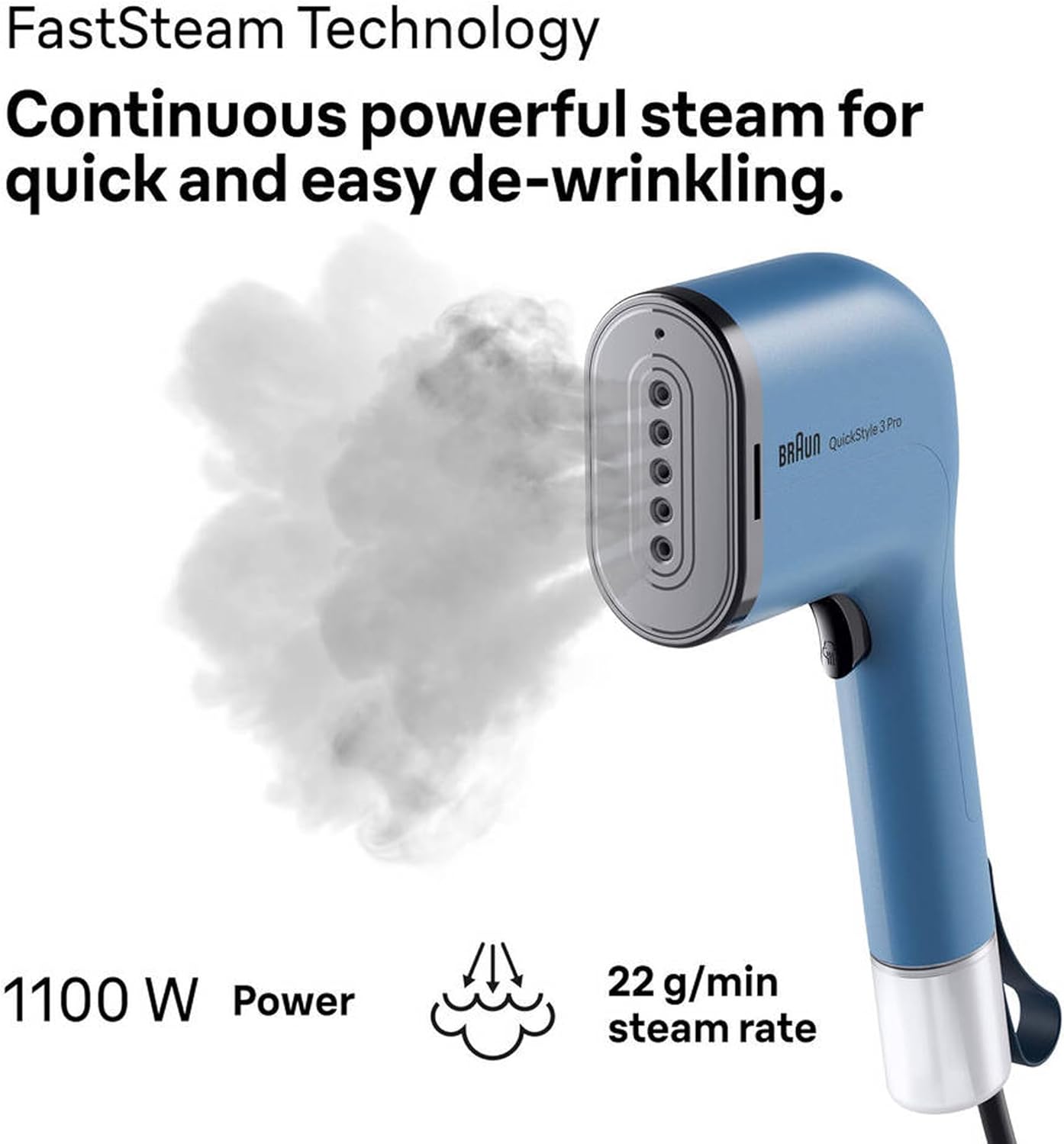 Braun QuickStyle 3 Pro Garment Steamer, Quick Heat-Up, Smart iCare Technology, Handheld Garment Steamer, Vertical Ironing, Capacity 70ml + 120ml, 1100 Watts - GS 3024